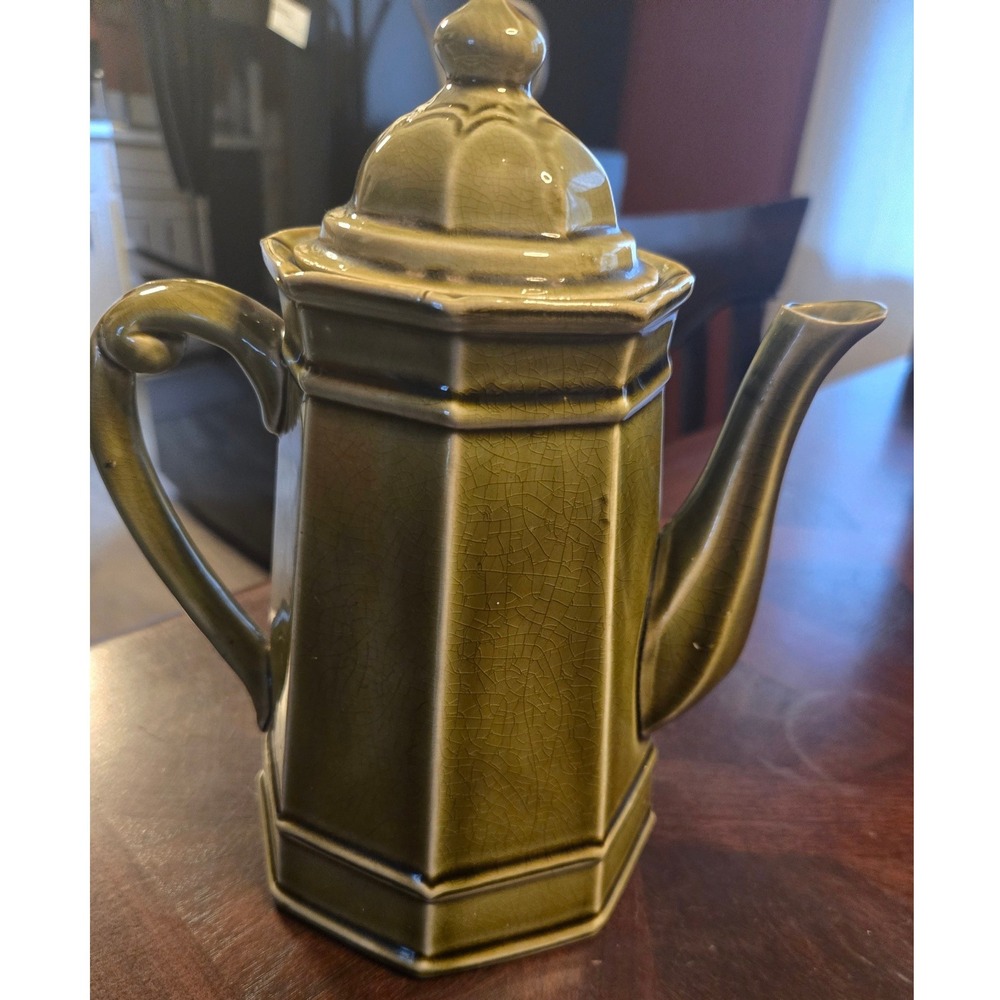 Royal Sealy‎ Stone Craft Teapot Olive Green Hexagonal Crackle Glaze Japan 25/22